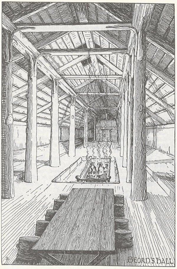 Beorns Halle, gezeichnet von J.R.R. Tolkien. Quelle: Simek 2005, S. 181.