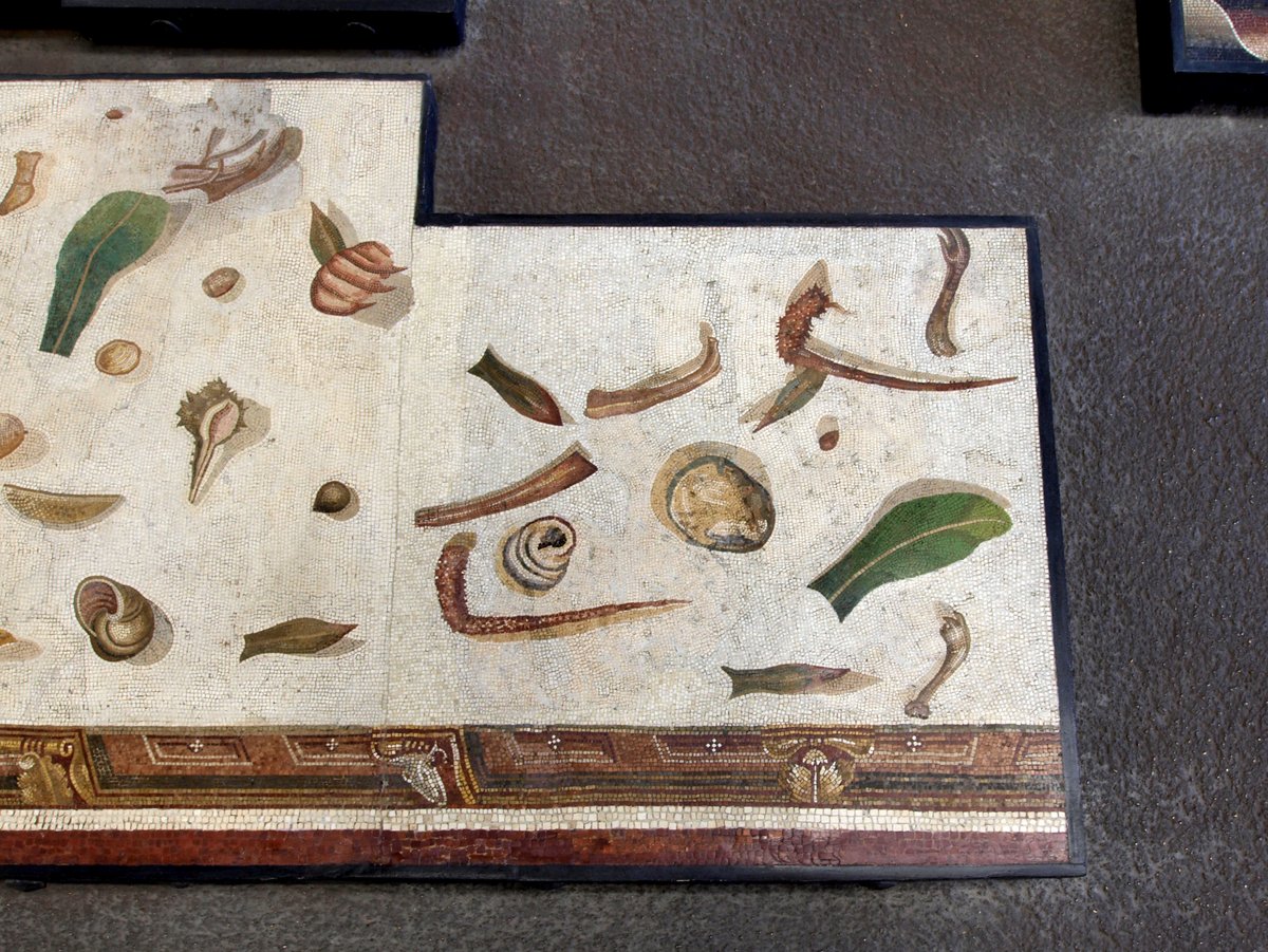 Abb. 1) Mosaikfußboden in den Vatikanischen Museen (Ausschnitt). Links unten im Bild die mögliche Gefleckte Weinbergschnecke, daneben eine Stachelschnecke.