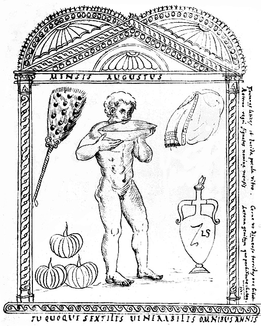 Der Monat August (MINSIS AUGUSTUS) im Chronographen von 354. Blatt aus dem Codex Barberini lat. 2154, Vatikanische Bibliothek. (Bildquelle: Wikipedia)
