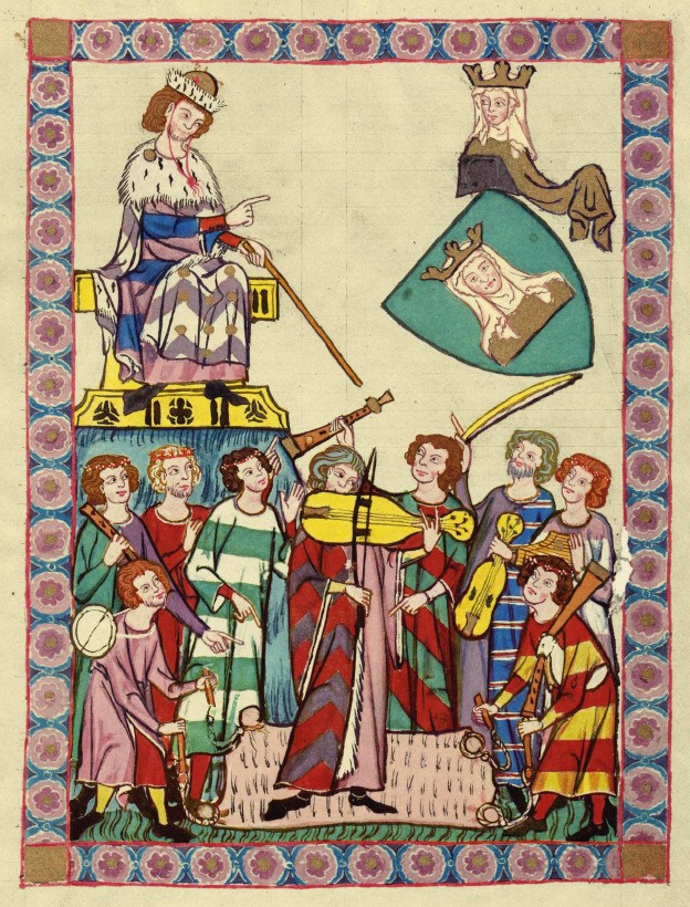 Musik, Darstellung im Codex Manesse (Bild: http://www.petralit.de/assets/images/Codex_Manesse_Heinrich_von_Meissen_-Frauenlob-.jpg).